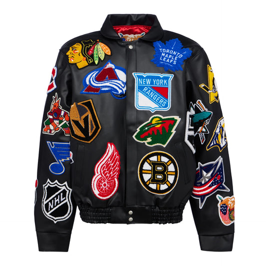 JEFF HAMILTON NHL COLLAGE VEGAN LEATHER JACKET Black