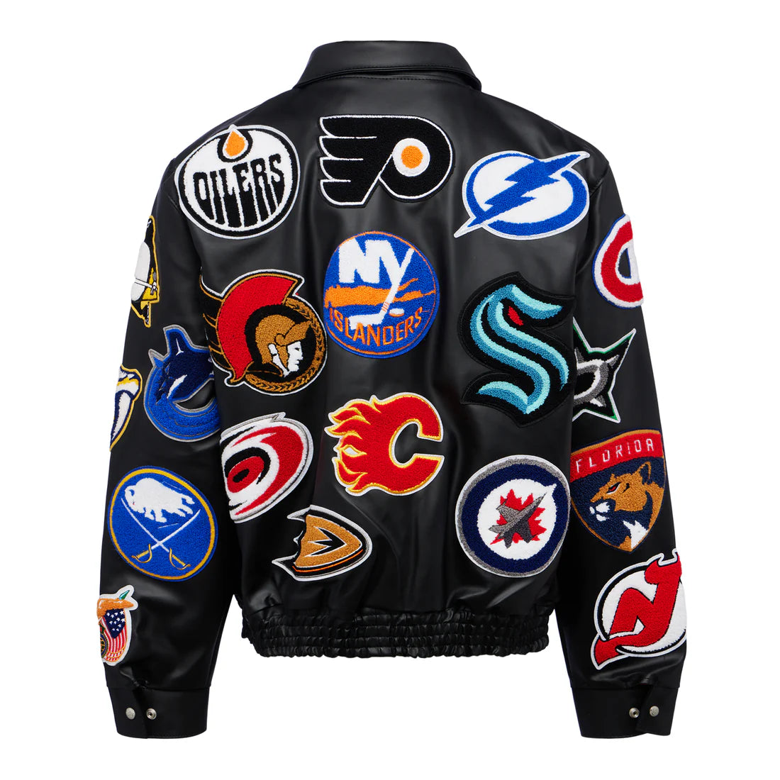 JEFF HAMILTON NHL COLLAGE VEGAN LEATHER JACKET Black