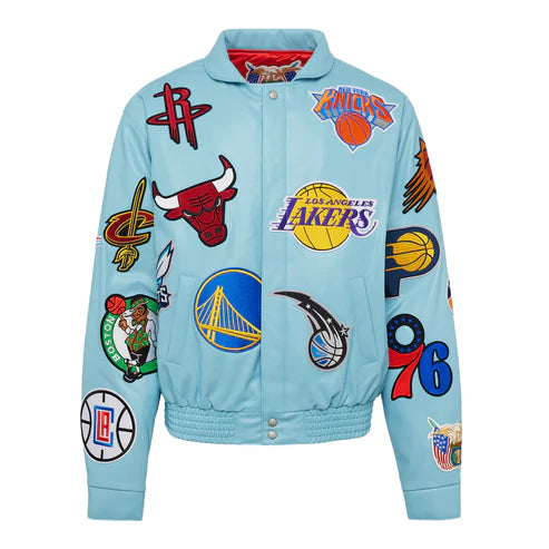 JEFF HAMILTON NBA COLLAGE VEGAN LEATHER JACKET CAROLINA BLUE