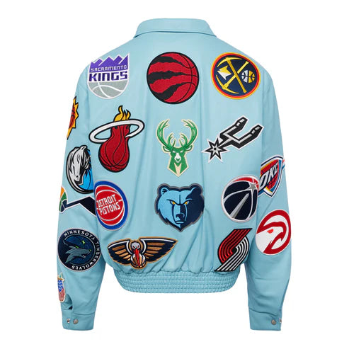 JEFF HAMILTON NBA COLLAGE VEGAN LEATHER JACKET CAROLINA BLUE