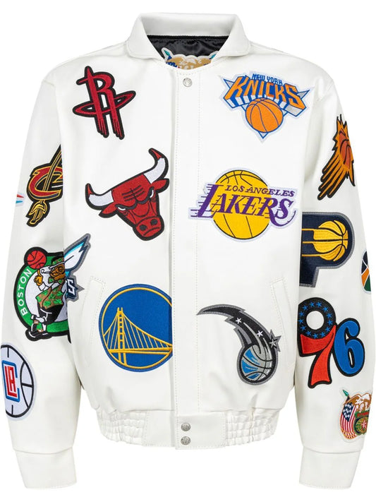 JEFF HAMILTON NBA COLLAGE VEGAN LEATHER JACKET WHITE