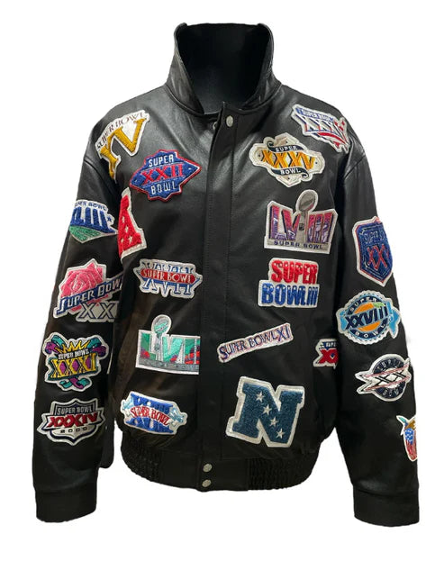 JEFF HAMILTON LIMITED EDITION HISTORY OF SUPER BOWL COLLAGE FULL LEATHER JACKET