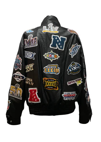 JEFF HAMILTON LIMITED EDITION HISTORY OF SUPER BOWL COLLAGE FULL LEATHER JACKET