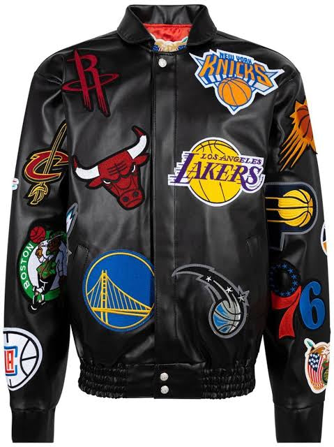 JEFF HAMILTON NBA COLLAGE VEGAN LEATHER JACKET Black